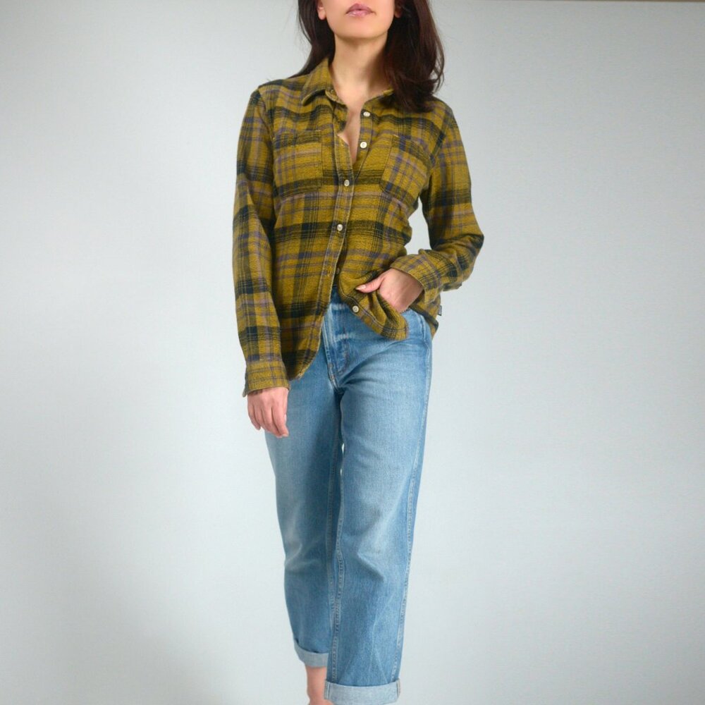 North Face 100% Cotton Flannel Button Down Shirt, Yellow Black & Purple Plaid, S